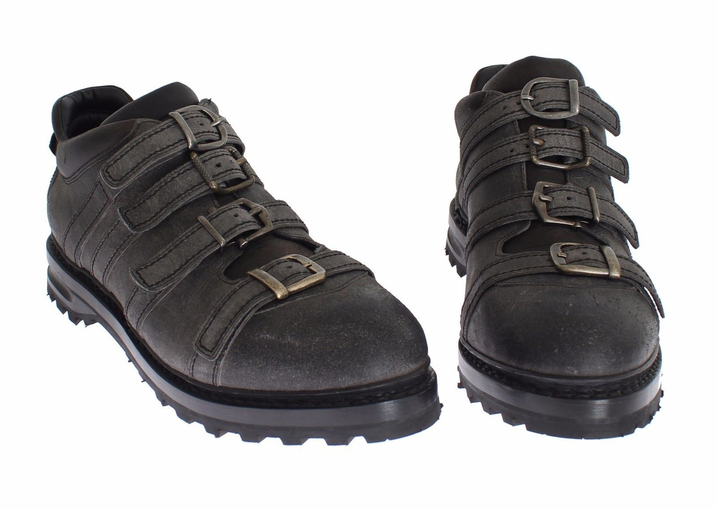 Graue Leder Knöchelriemen Schuhe Stiefel