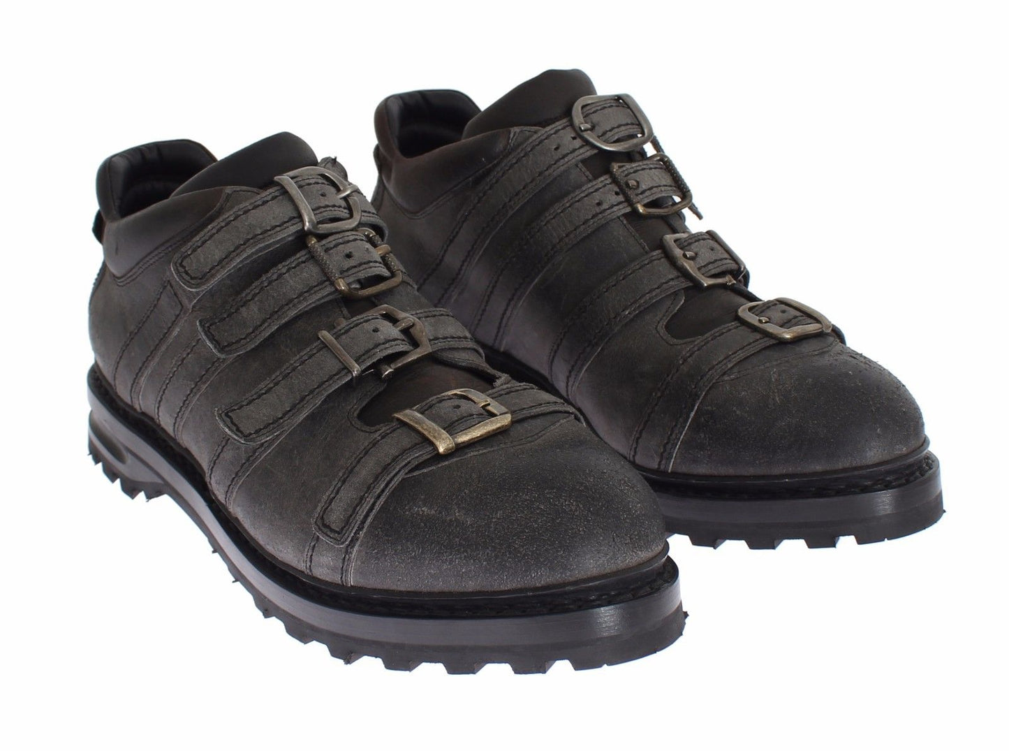 Graue Leder Knöchelriemen Schuhe Stiefel