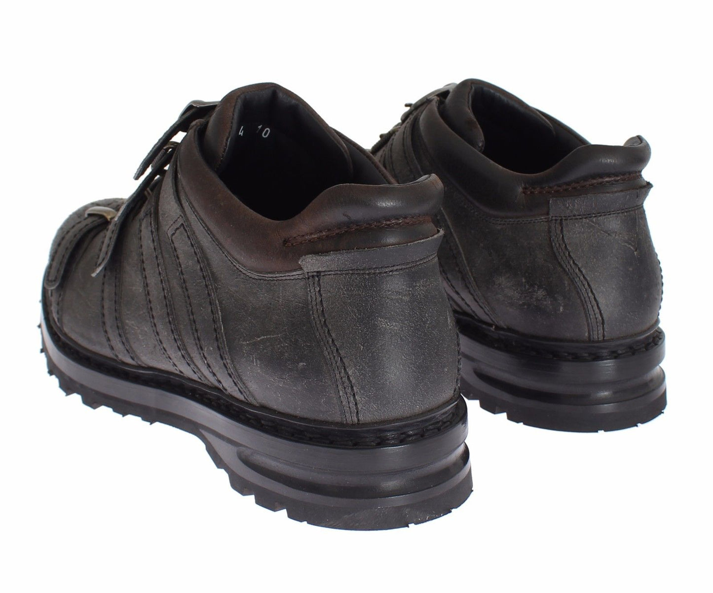 Graue Leder Knöchelriemen Schuhe Stiefel