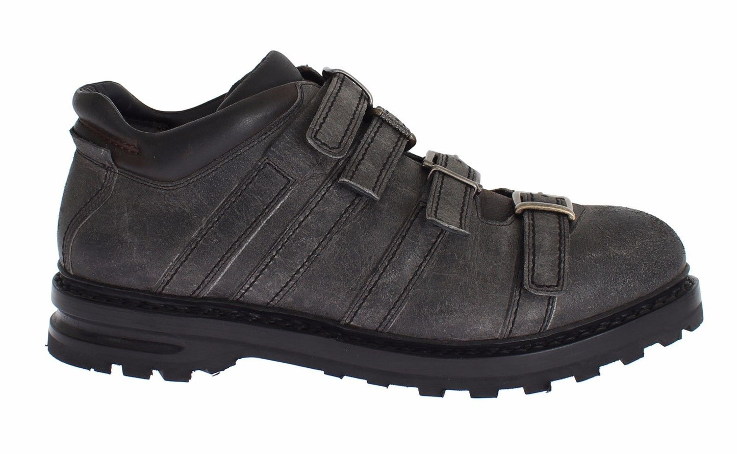 Graue Leder Knöchelriemen Schuhe Stiefel