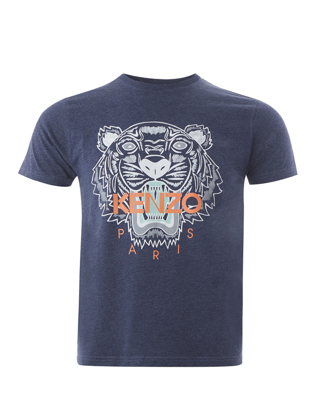 Blaues T-Shirt aus Baumwolle mit Tiger-Print und Logo auf der Vorderseite in Orange