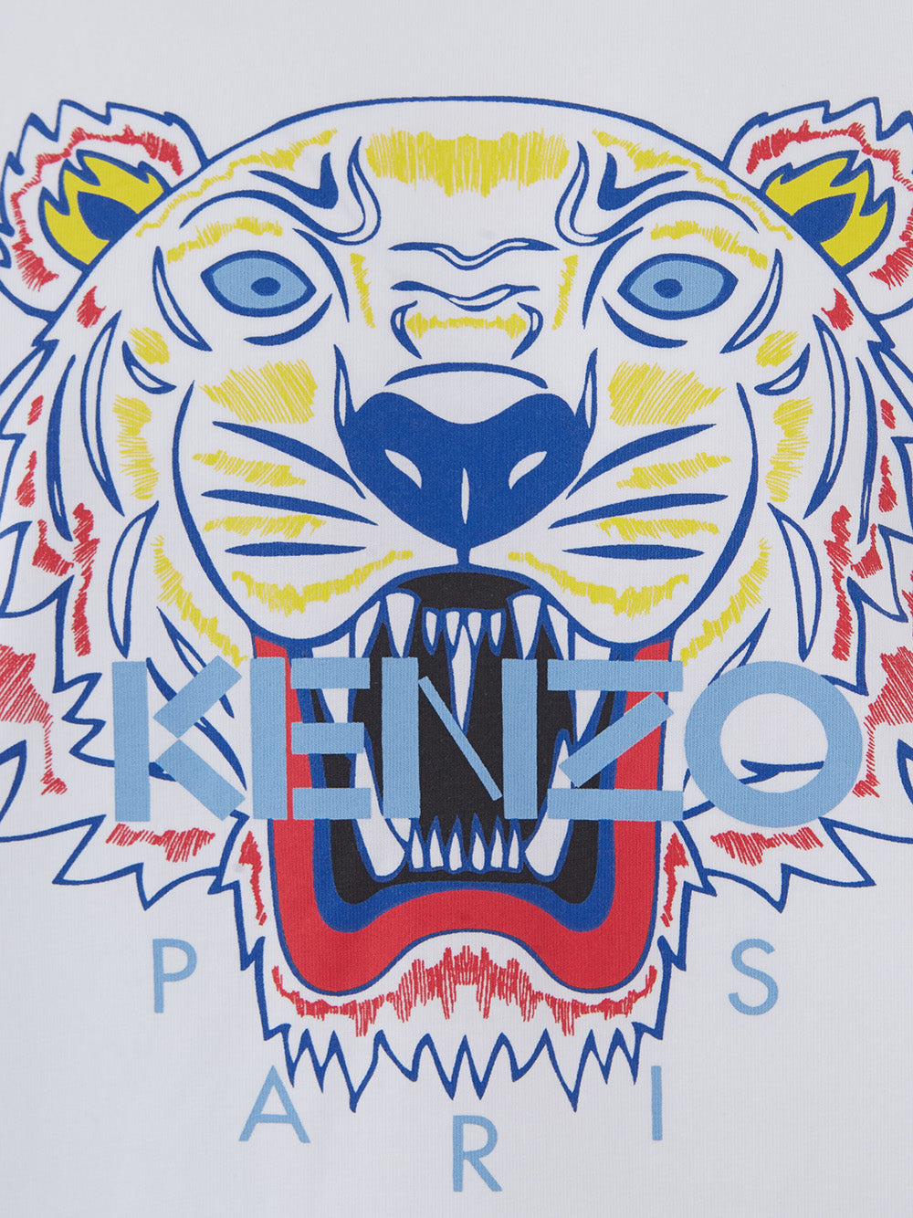 Weißes Baumwoll-T-Shirt mit Tiger-Multicolor-Print und Logo auf der Vorderseite in Blau