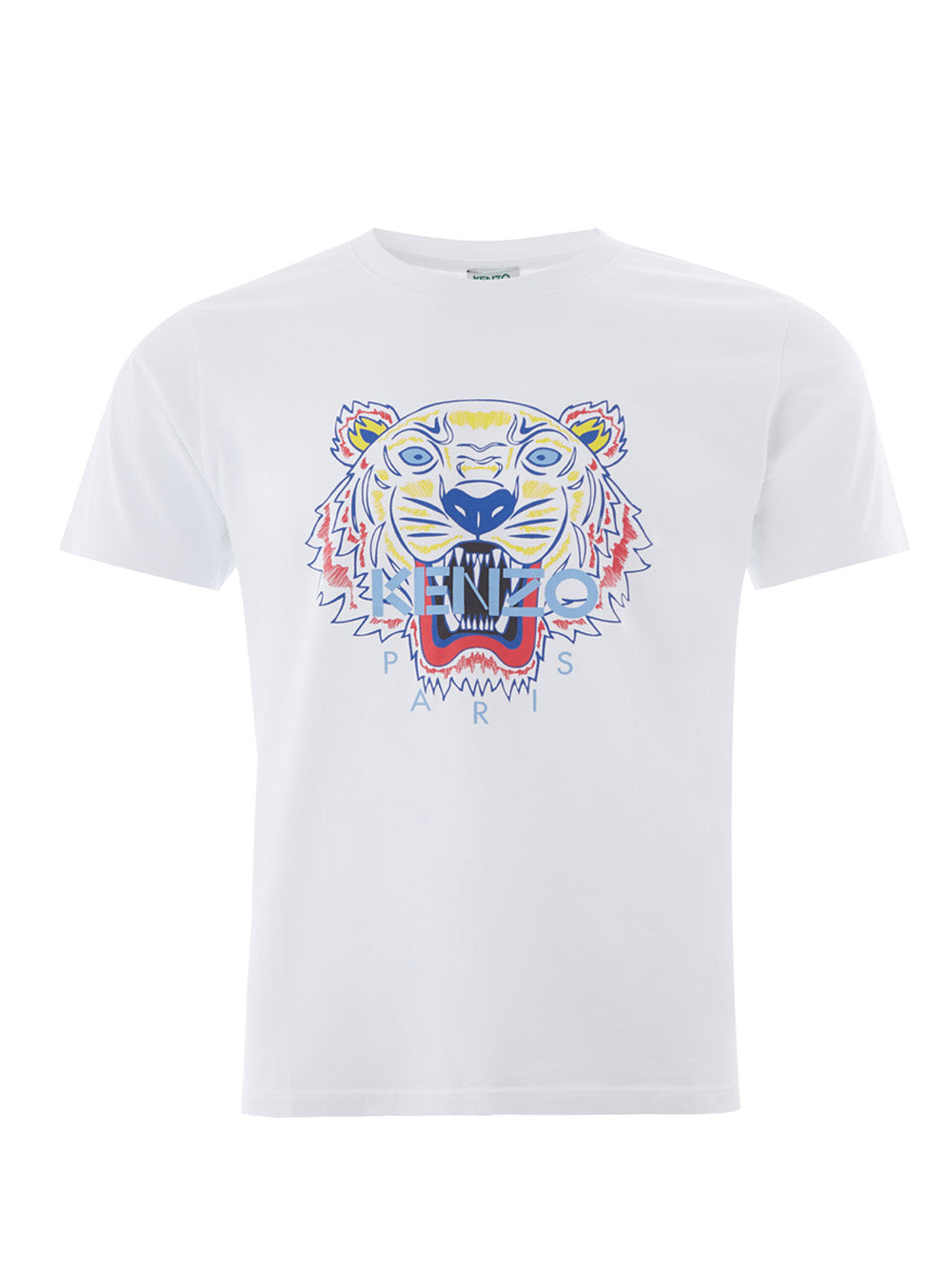 Weißes Baumwoll-T-Shirt mit Tiger-Multicolor-Print und Logo auf der Vorderseite in Blau
