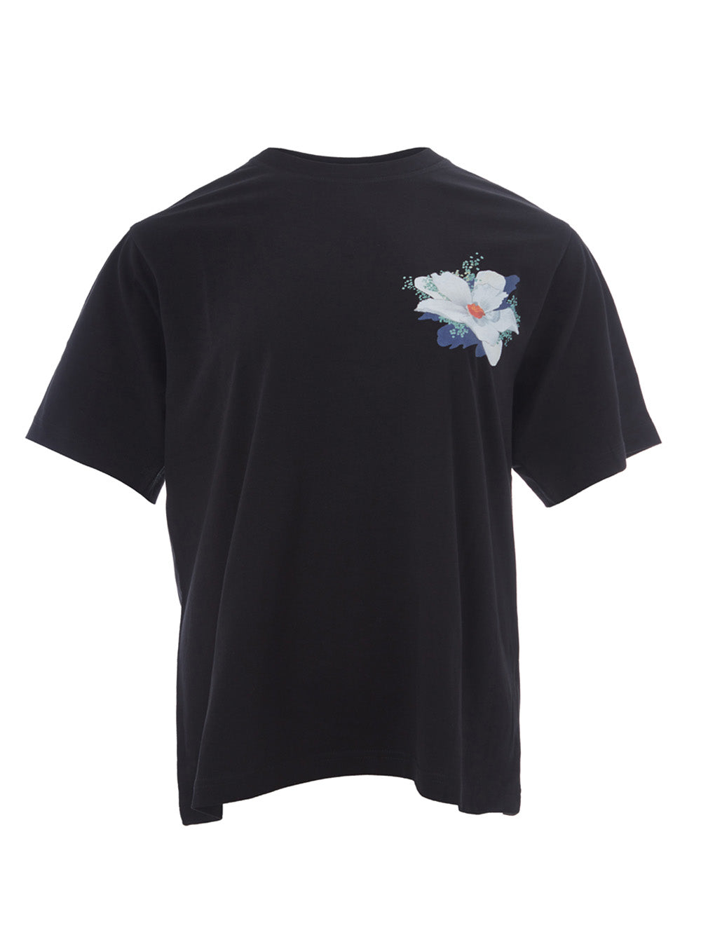 Schwarzes T-Shirt aus bedruckter Baumwolle mit Blume