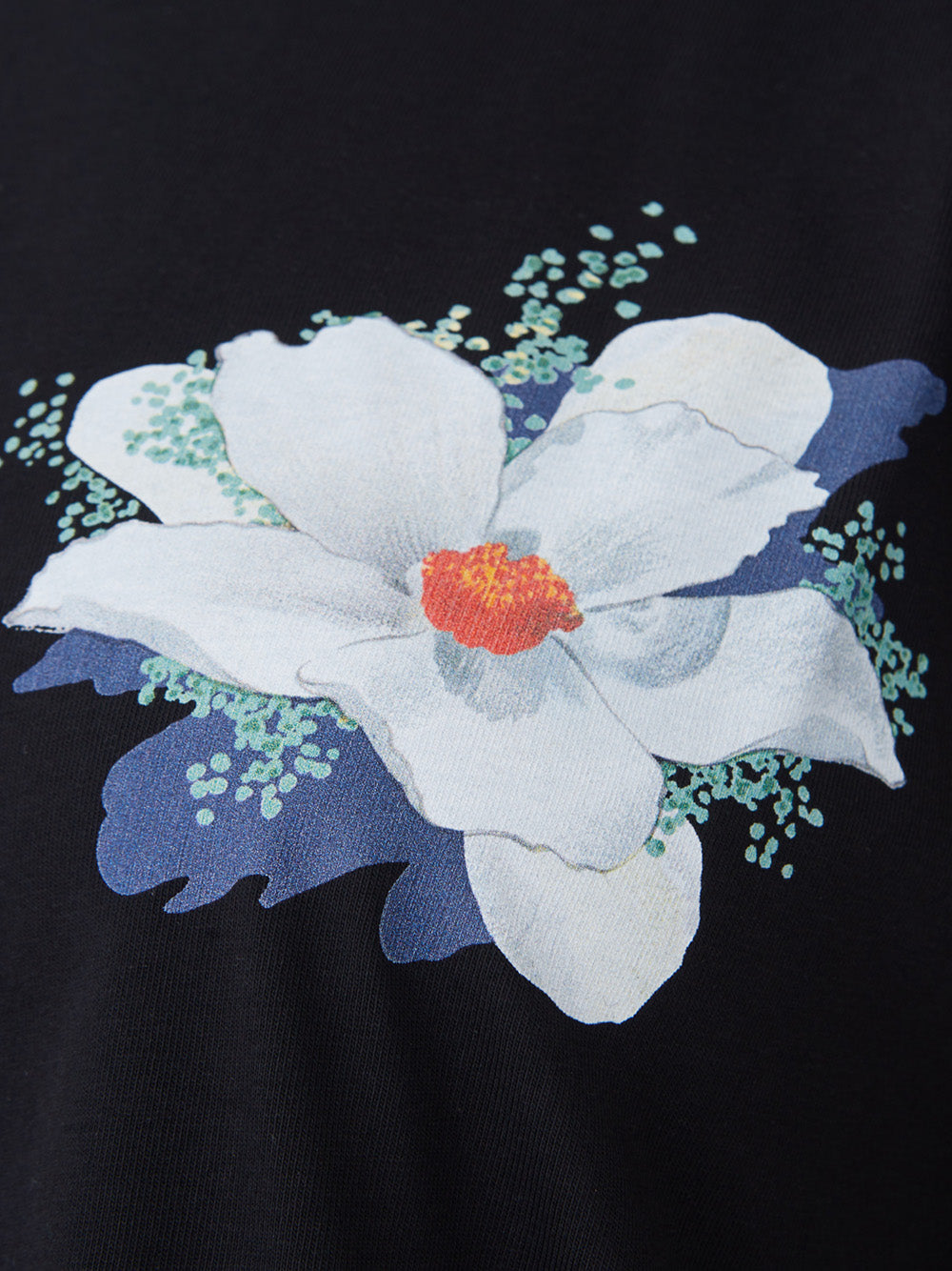 Schwarzes T-Shirt aus bedruckter Baumwolle mit Blume
