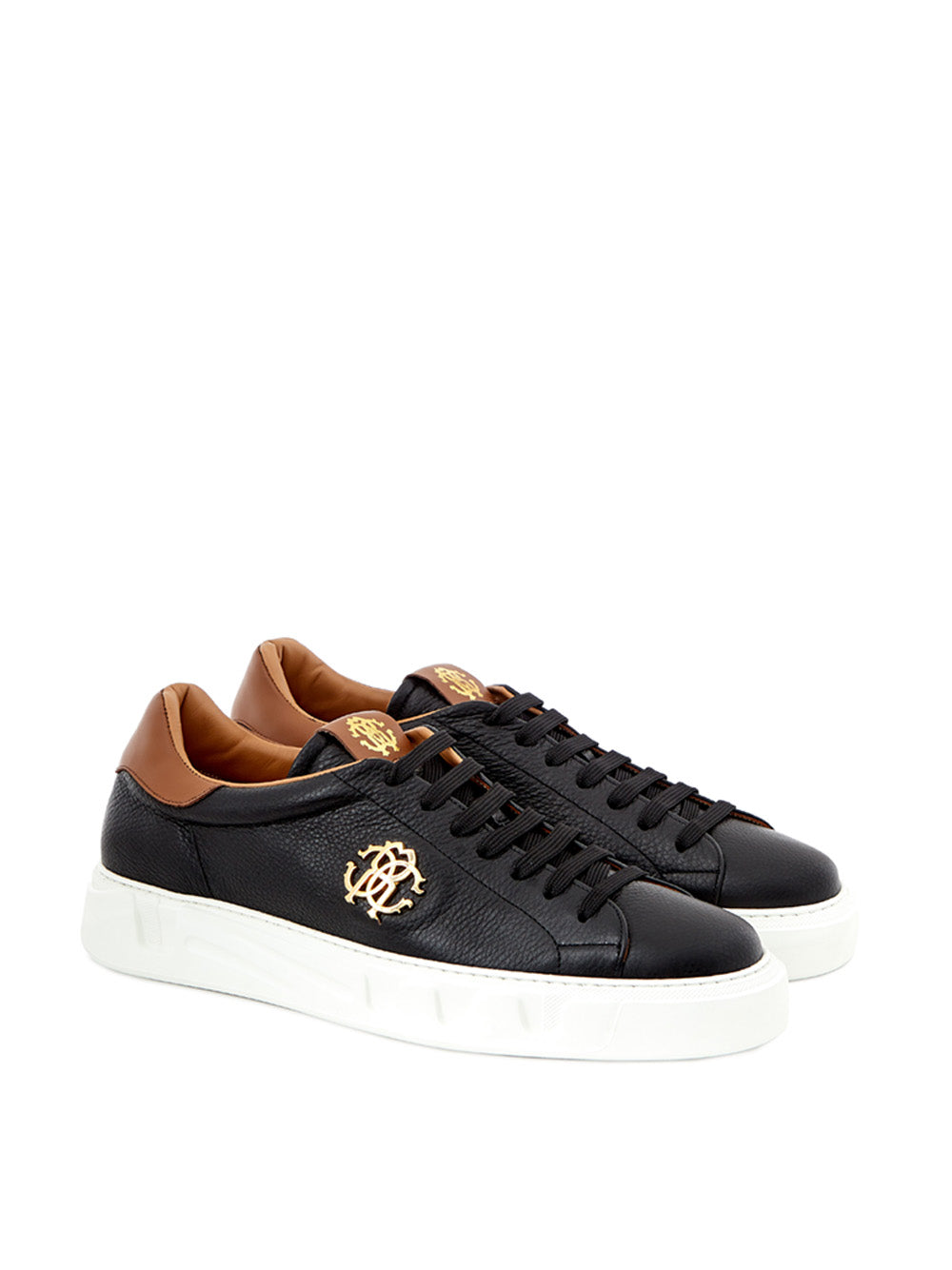 Schwarze Leder-Sneakers mit goldenem Logo