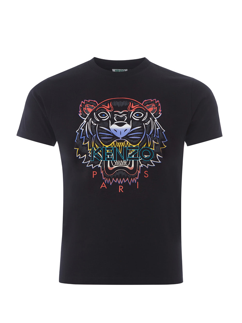 Schwarzes Baumwoll-T-Shirt mit kontrastierendem mehrfarbigem Tiger-Print