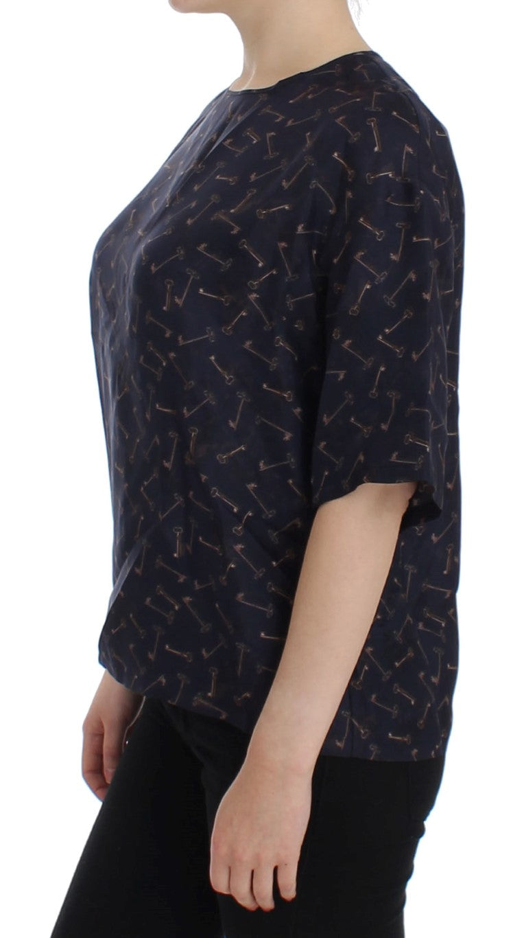 Blau-goldene Seidenbluse mit Schlüsseldruck