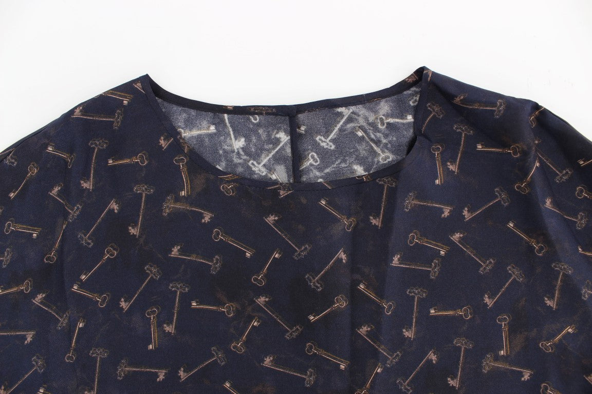Blau-goldene Seidenbluse mit Schlüsseldruck