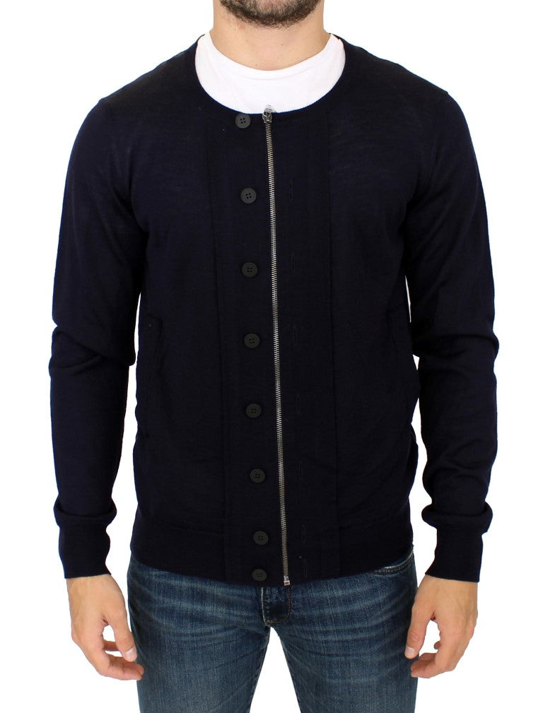 Blauer Strickpullover mit durchgehendem Reißverschluss