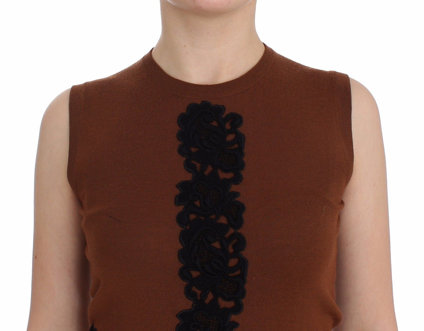 Braun Wolle Schwarz Spitze Weste Pullover Top