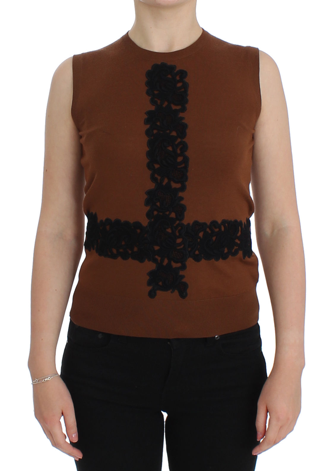 Braun Wolle Schwarz Spitze Weste Pullover Top