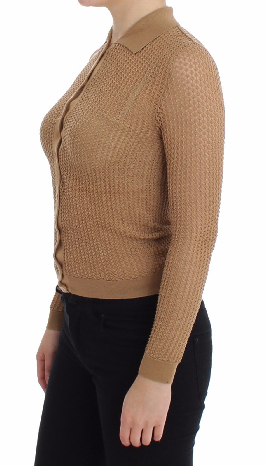 Beige gestrickter Baumwoll-Polo-Strickpullover