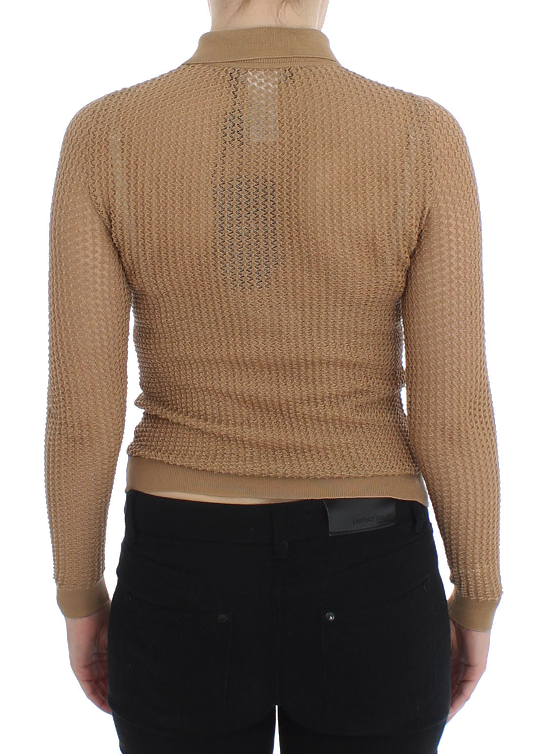 Beige gestrickter Baumwoll-Polo-Strickpullover