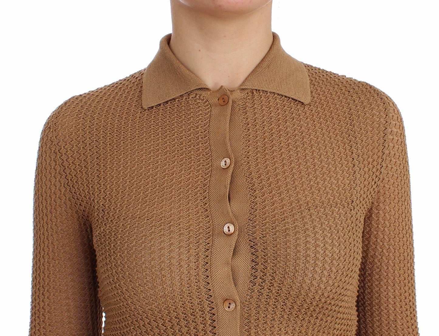 Beige gestrickter Baumwoll-Polo-Strickpullover