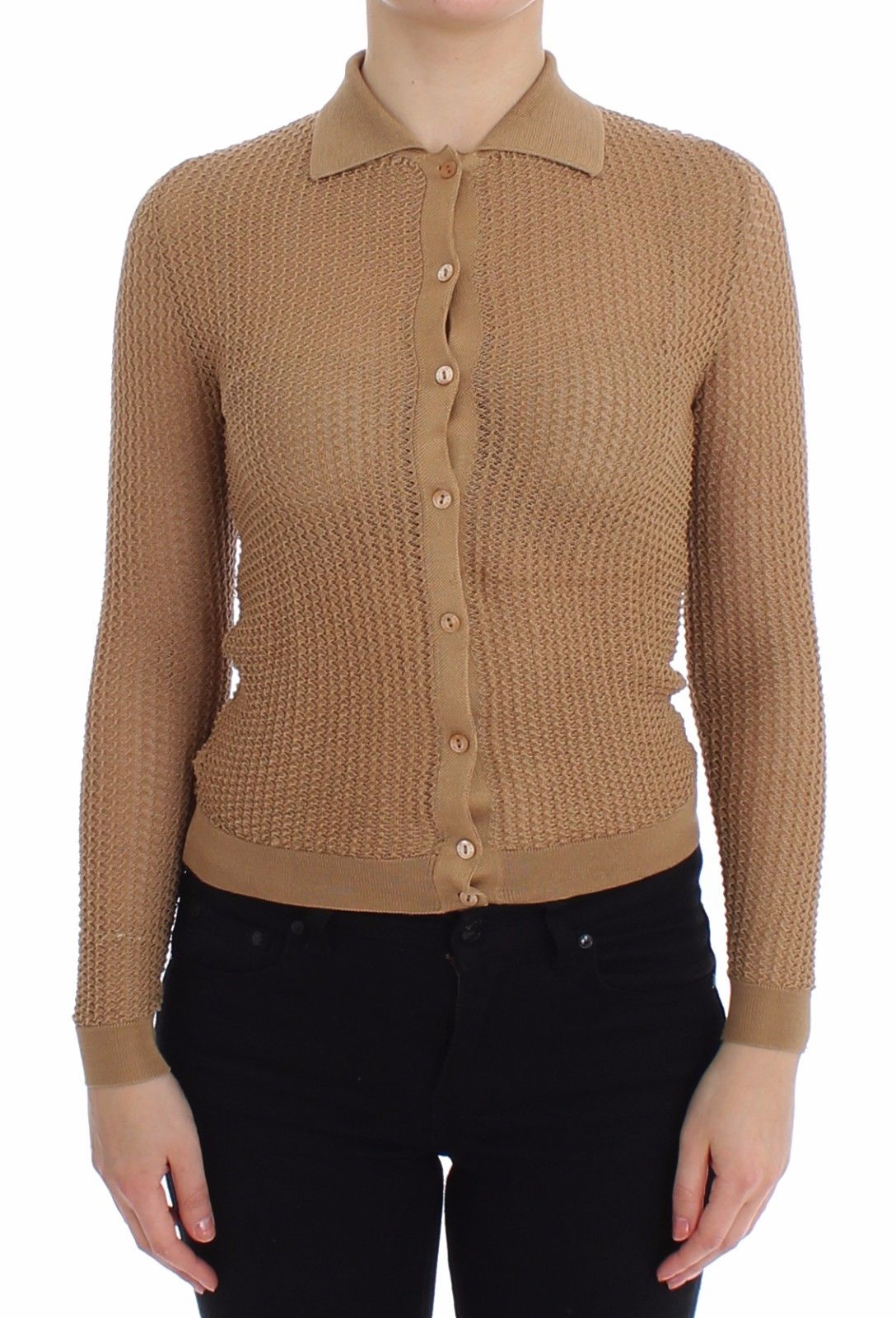 Beige gestrickter Baumwoll-Polo-Strickpullover