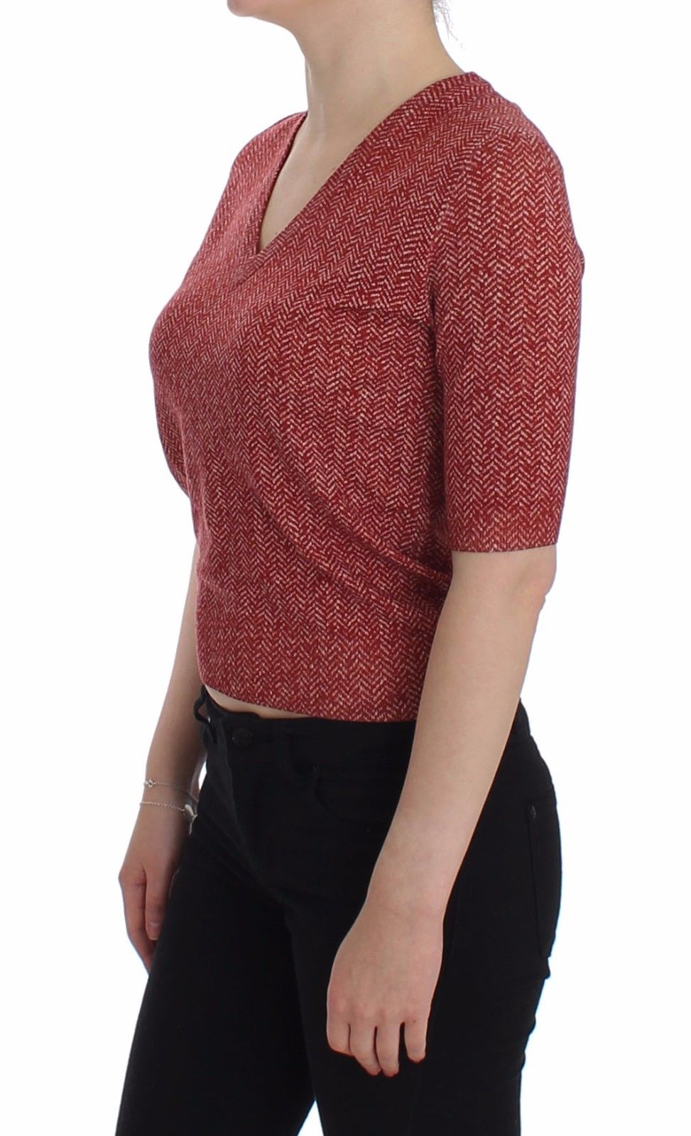 Kurzarm-Pullover aus roter Wolle und Tweed