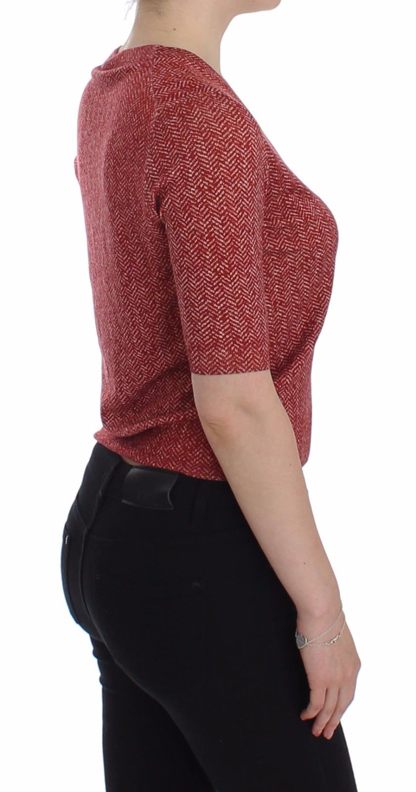 Kurzarm-Pullover aus roter Wolle und Tweed