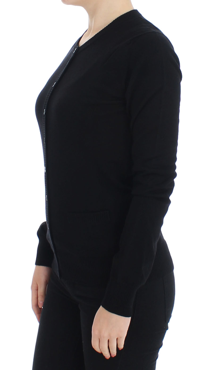 Schwarze Wollstrickjacke mit Knopfleiste