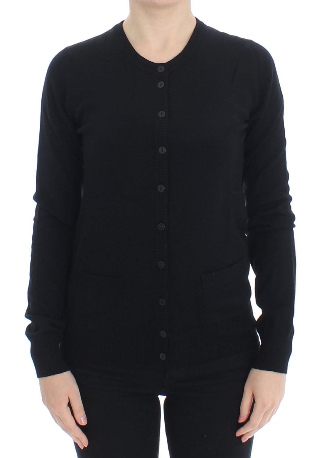 Schwarze Wollstrickjacke mit Knopfleiste