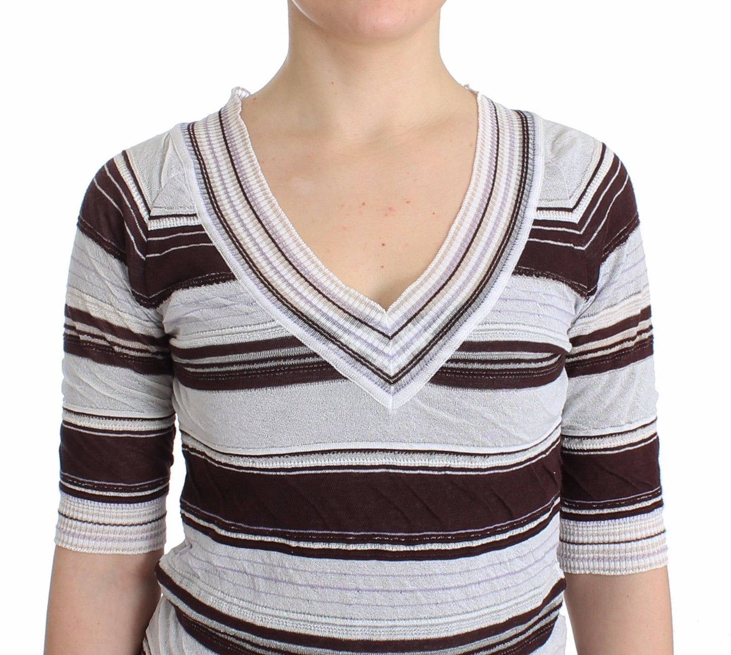 Gestreiftes Spitzen-Top mit V-Ausschnitt und kurzen Ärmeln Pullover