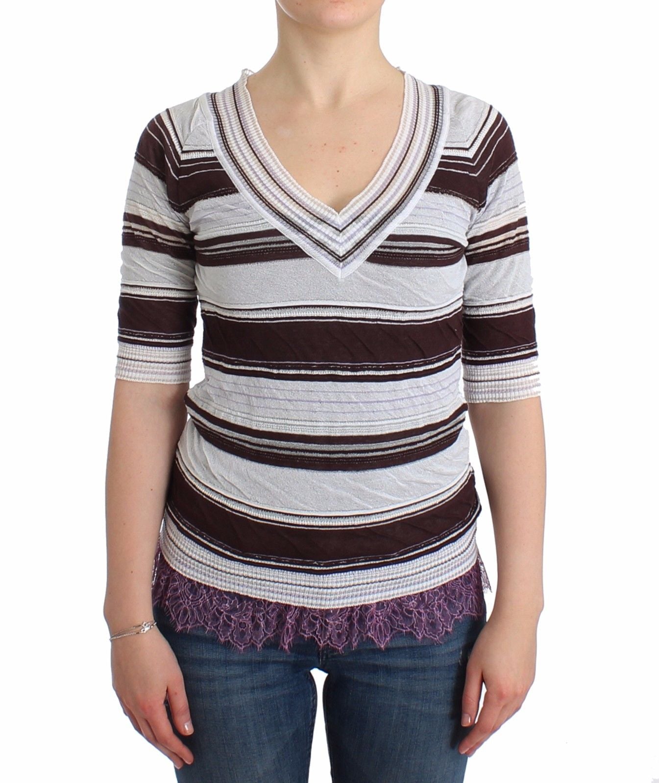 Gestreiftes Spitzen-Top mit V-Ausschnitt und kurzen Ärmeln Pullover