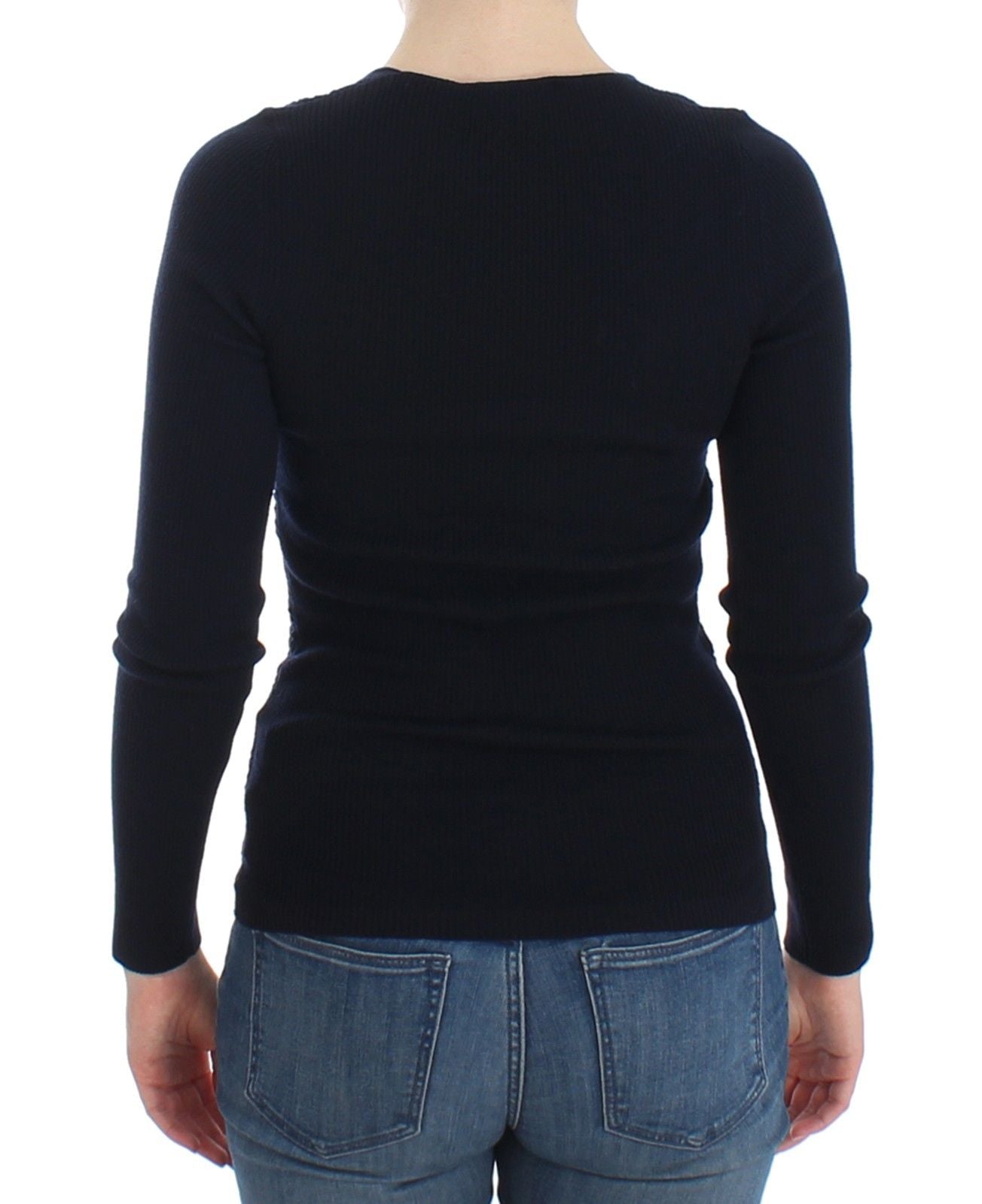 Blaues Pulloveroberteil aus gestrickter Stretch-Wolle