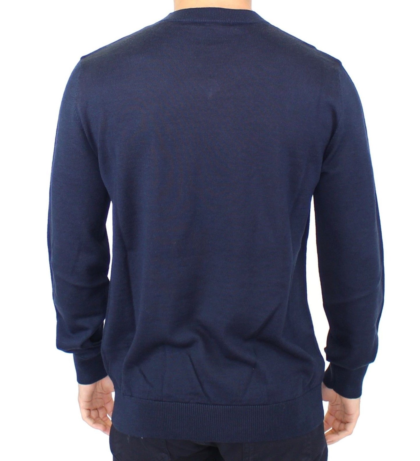 Blauer Pullover mit V-Ausschnitt aus einer Wollmischung