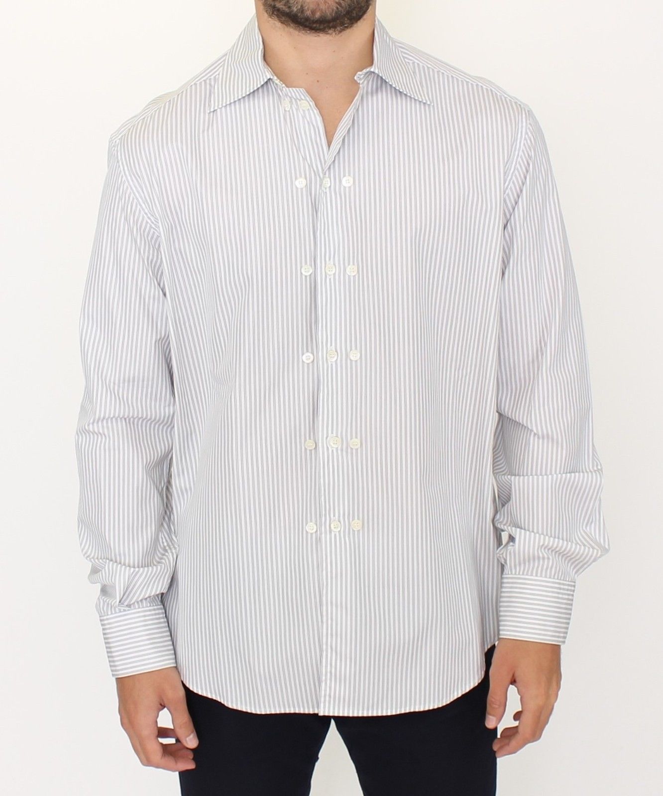 Weiß-grau gestreiftes Regular Fit Freizeithemd