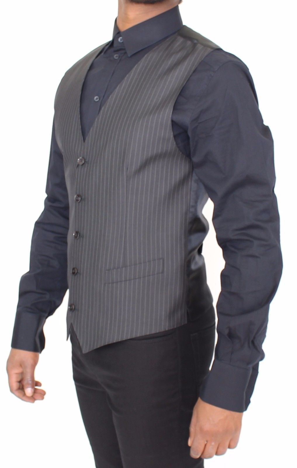 Graues gestreiftes Wollseidenkleid Weste Gilet
