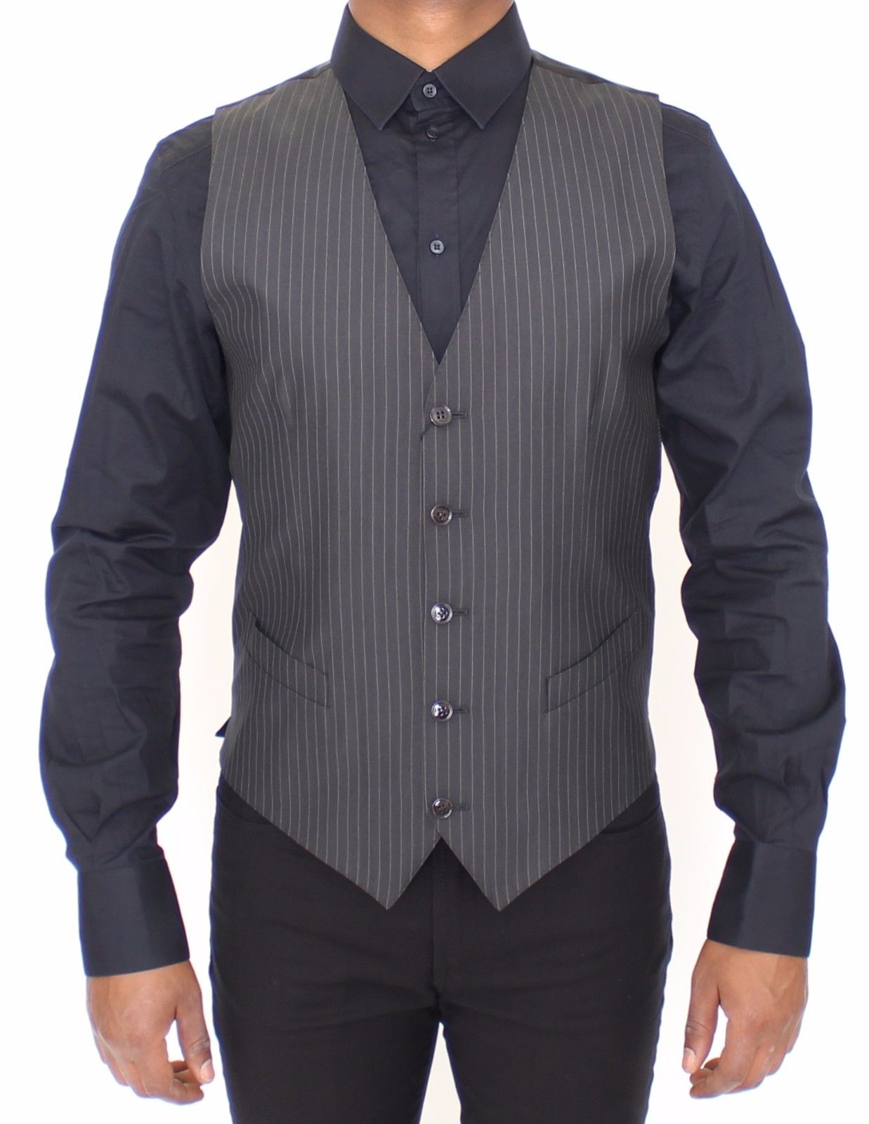 Graues gestreiftes Wollseidenkleid Weste Gilet