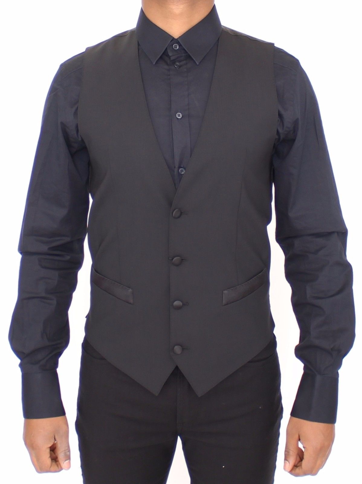Schwarzes Wolle-Seide-Stretch-Kleid Weste Blazer