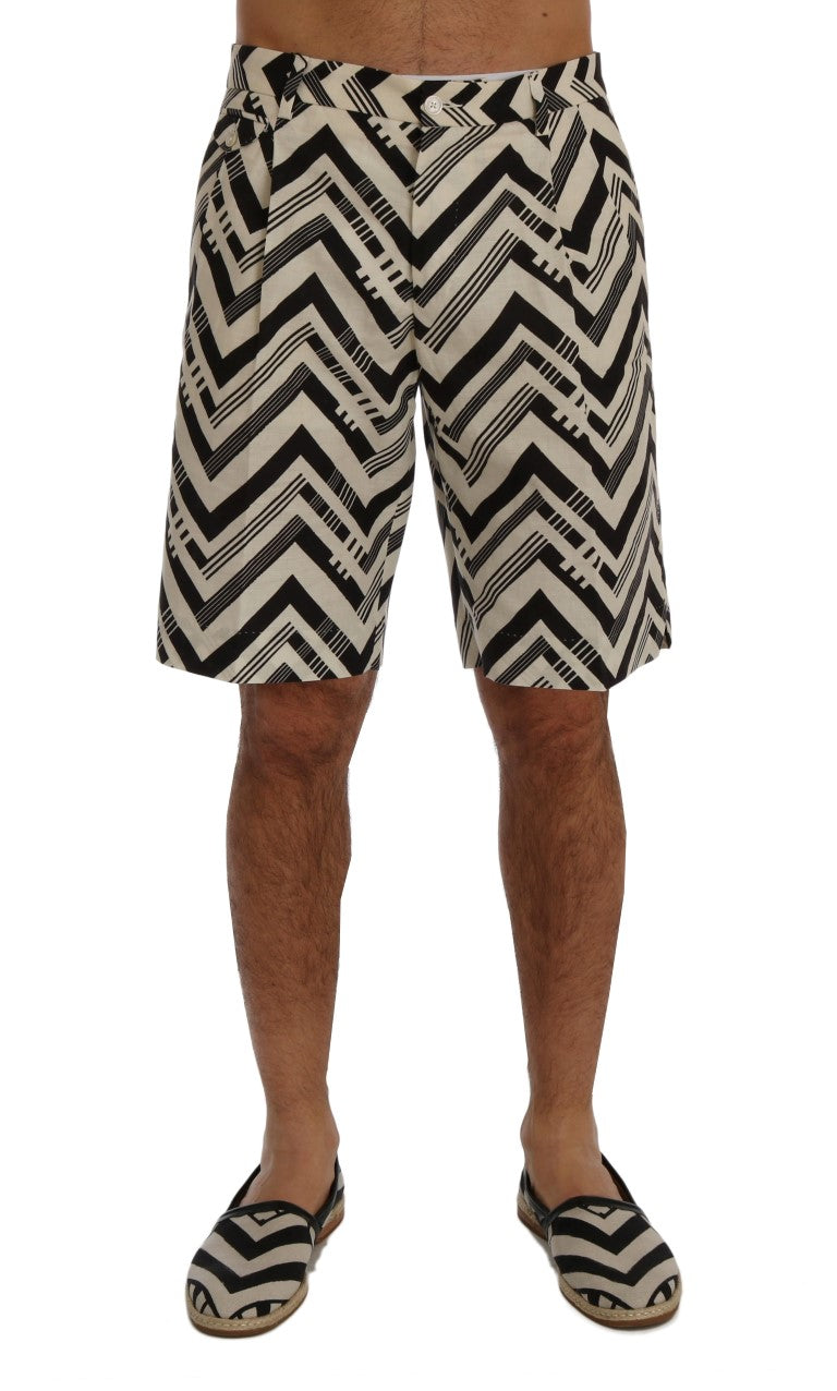 Weiß-schwarz gestreifte Baumwoll-Leinen-Shorts