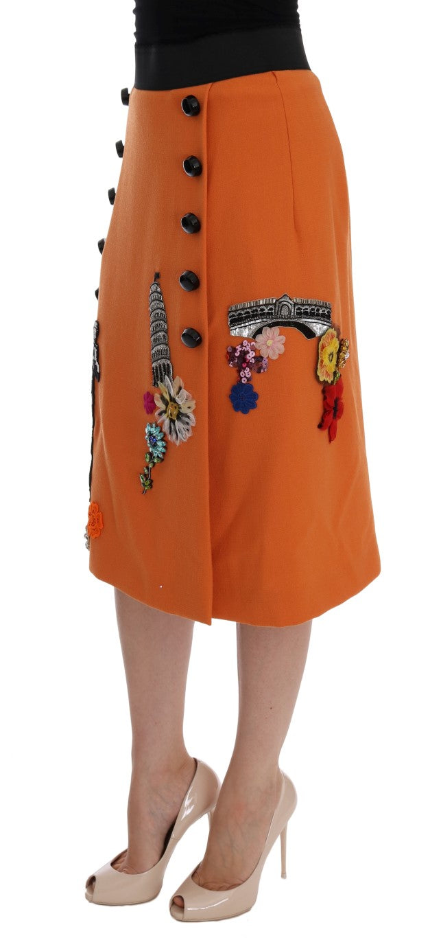 Orangefarbener Wollrock mit Kristall-Pailletten-Applikationen