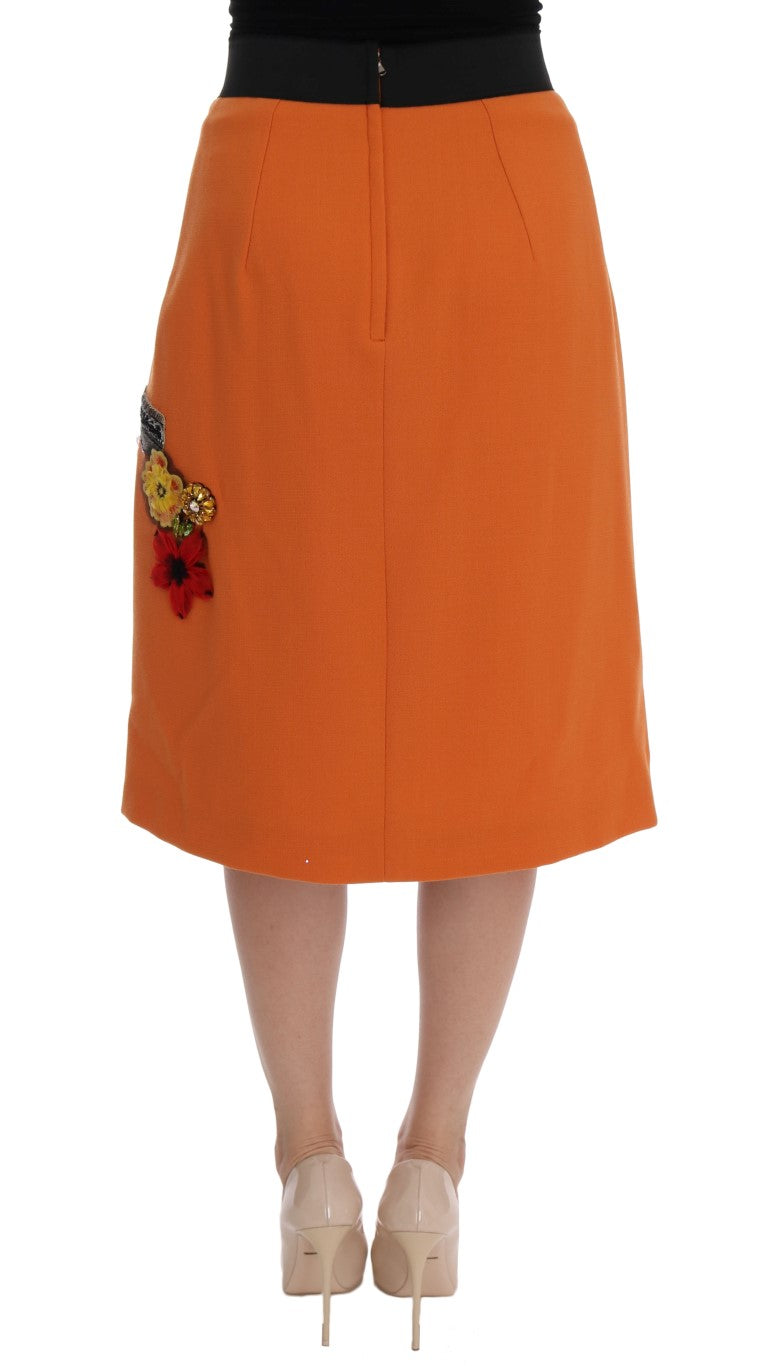 Orangefarbener Wollrock mit Kristall-Pailletten-Applikationen