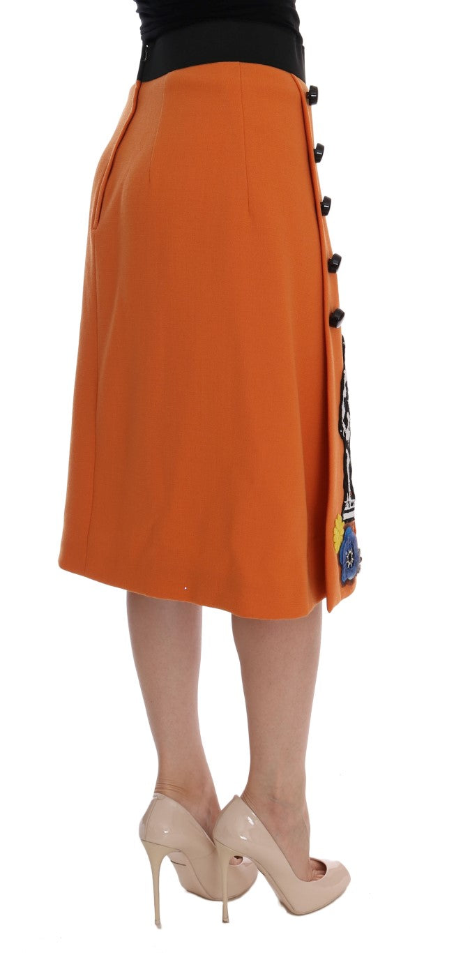 Orangefarbener Wollrock mit Kristall-Pailletten-Applikationen