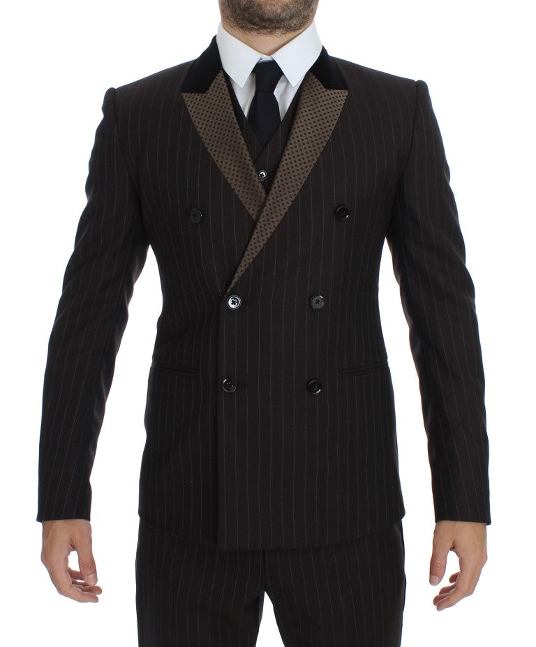 Braun gestreift Wolle Slim 3 Stück Anzug Tuxedo