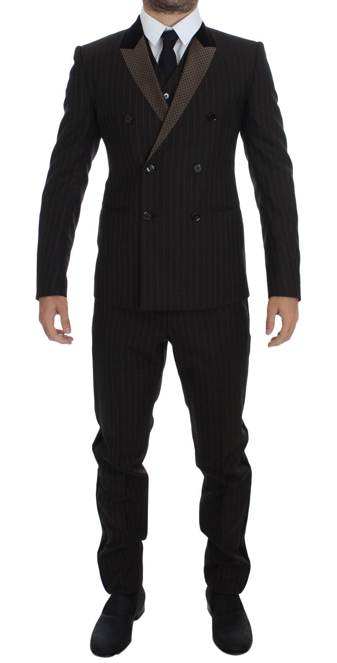 Braun gestreift Wolle Slim 3 Stück Anzug Tuxedo