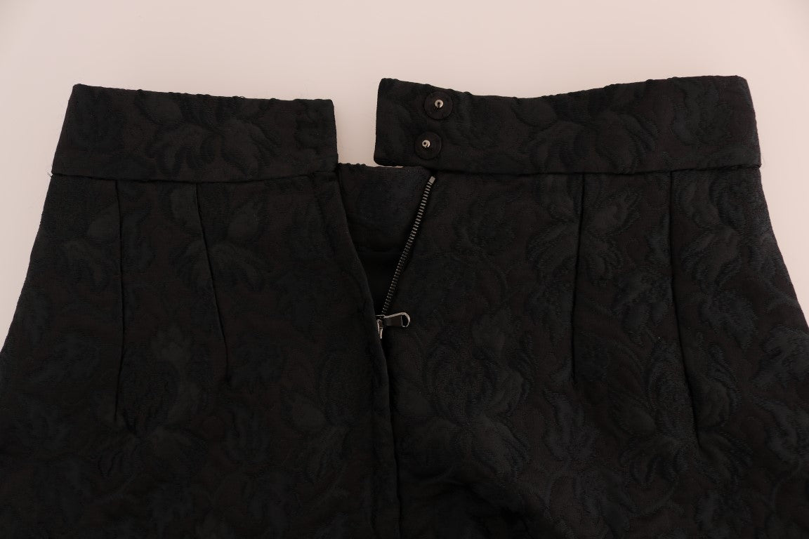 Schwarzer A-Linien-Rock aus geblümter Jacquard-Seide