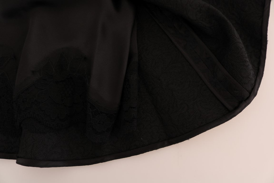 Schwarzer A-Linien-Rock aus geblümter Jacquard-Seide