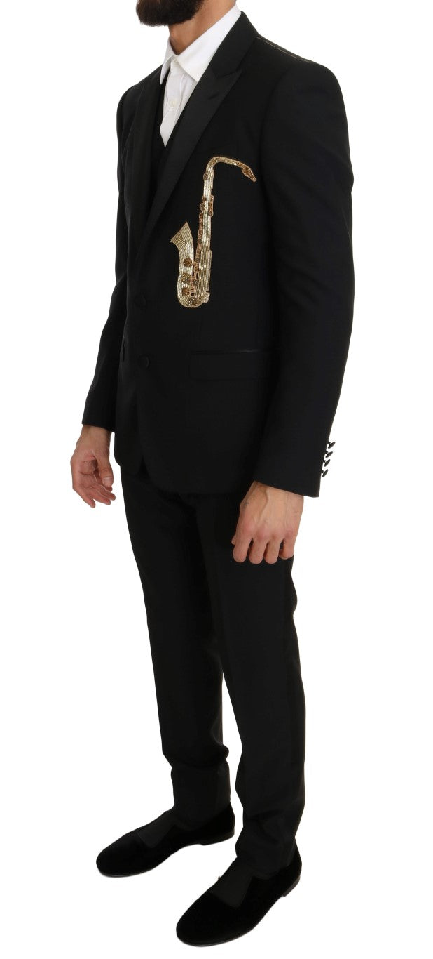 Schwarzer Wolle Seide Saxophon Slim Fit Anzug