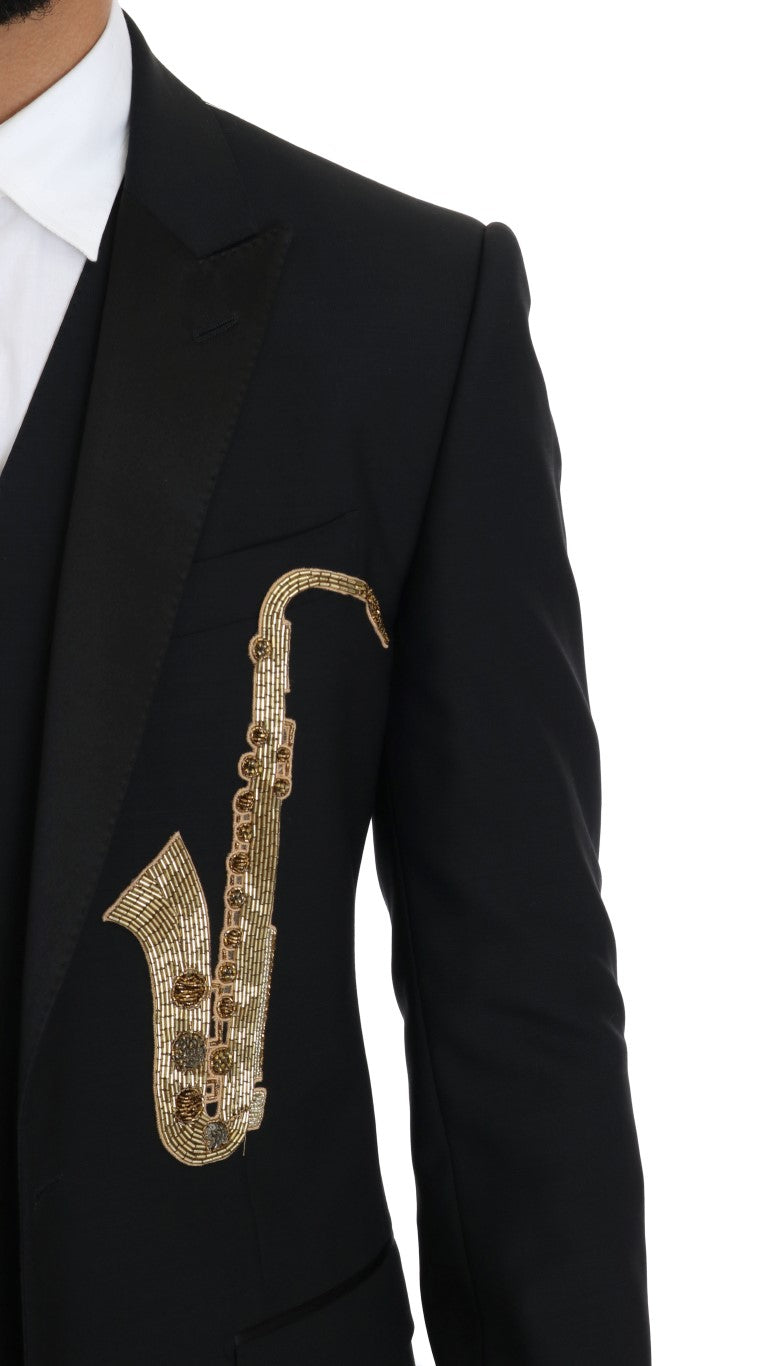 Schwarzer Wolle Seide Saxophon Slim Fit Anzug