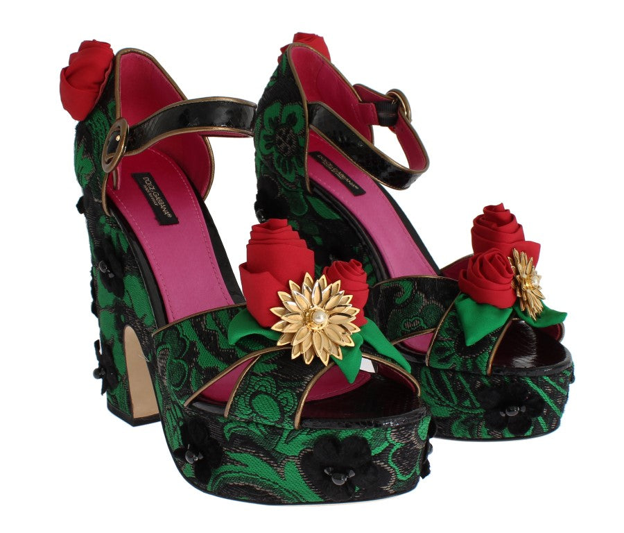 Grüner Brokat Schlangenleder Rosen Kristall Schuhe