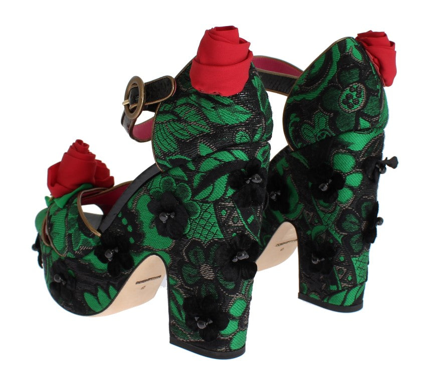 Grüner Brokat Schlangenleder Rosen Kristall Schuhe