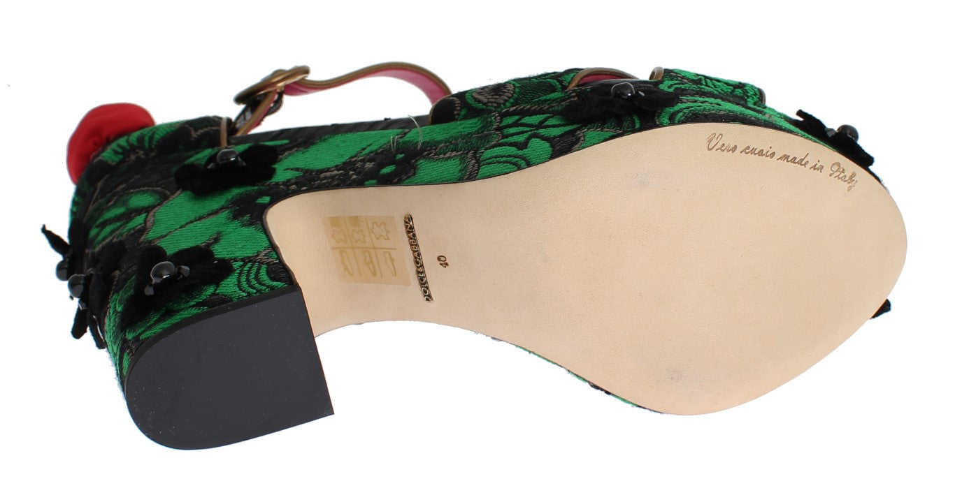 Grüner Brokat Schlangenleder Rosen Kristall Schuhe