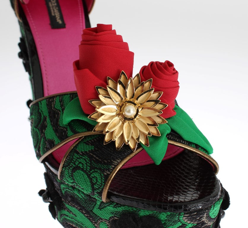 Grüner Brokat Schlangenleder Rosen Kristall Schuhe