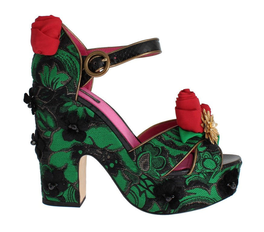 Grüner Brokat Schlangenleder Rosen Kristall Schuhe