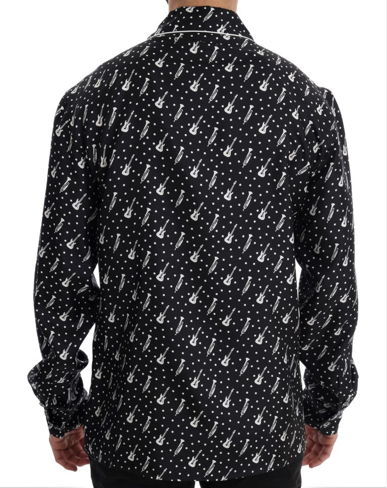 Schwarz Seide Weiß JAZZ Print Freizeithemd