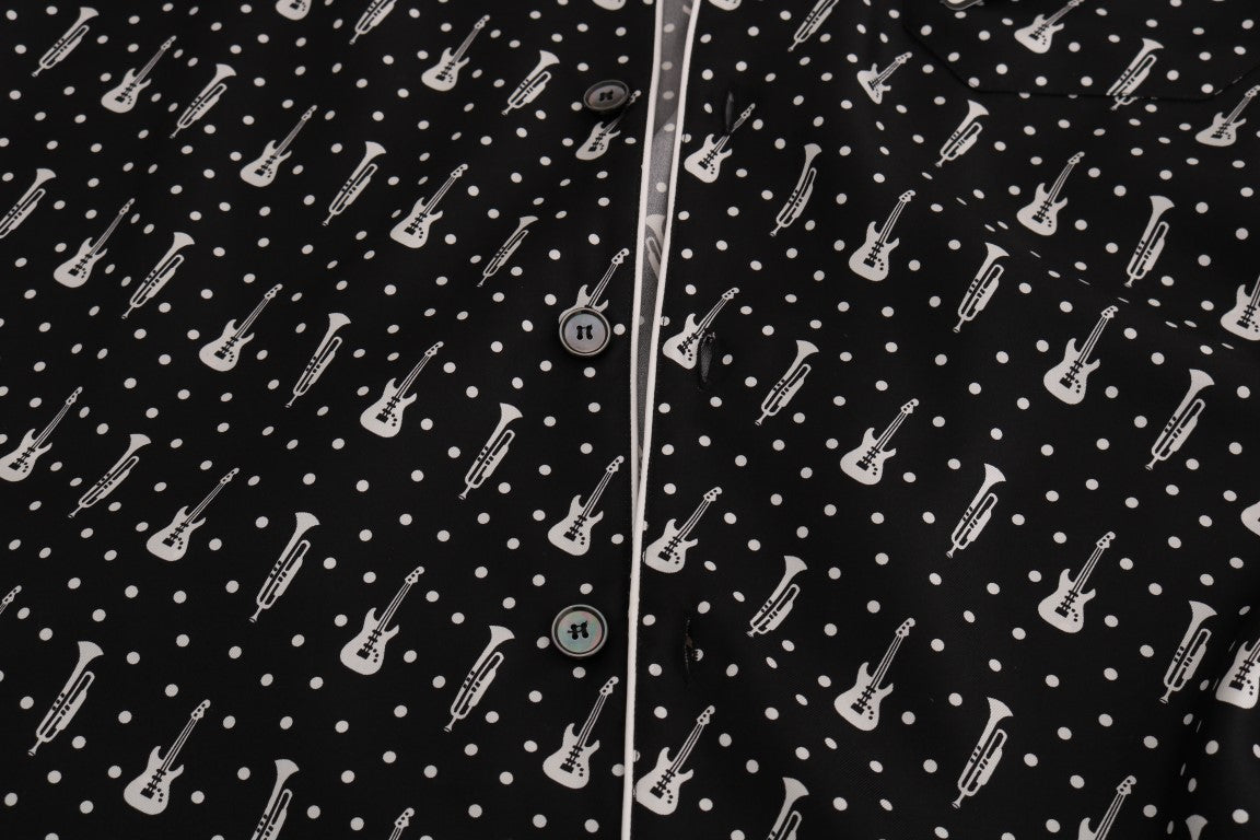 Schwarz Seide Weiß JAZZ Print Freizeithemd