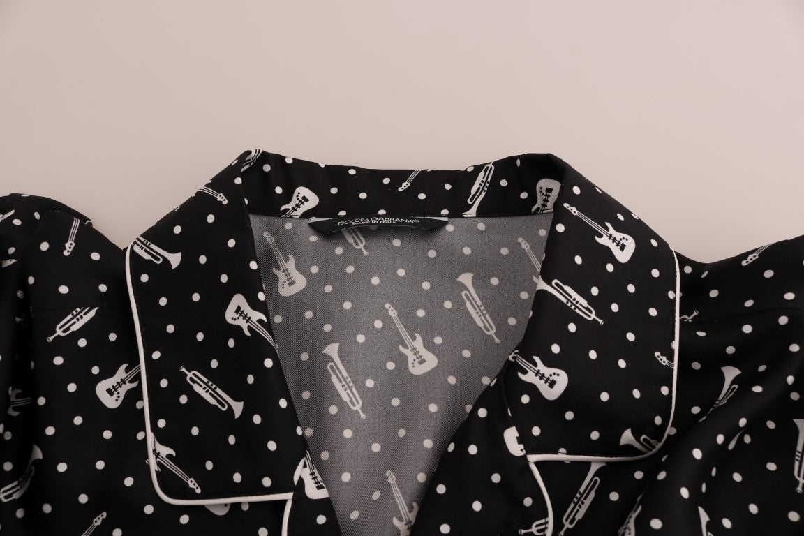 Schwarz Seide Weiß JAZZ Print Freizeithemd
